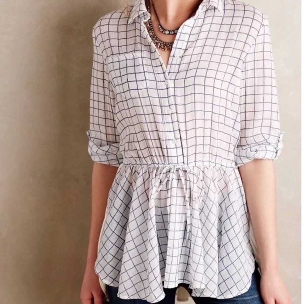 Blue tassel checkered button up shirt from Anthropologie size M